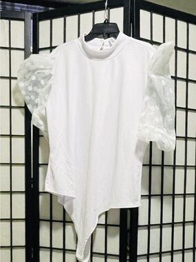 White Puff-Sleeve Bodysuit with Sheer Polka-Dot Sleeves